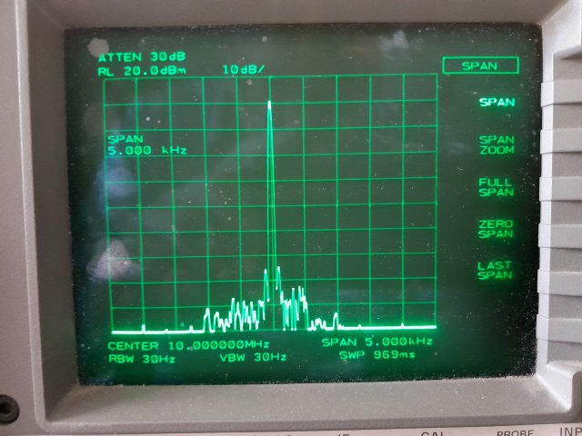Output spectrum of an CTI OSC5A2B02 OCXO, controlled by a 1kHz PWM