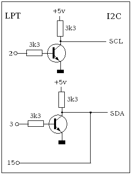 Schematic of a simple I2C interface for the LPT port.