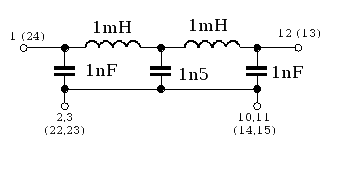 Schematic of a 5th order 200kHz 1kohm LC LP filter