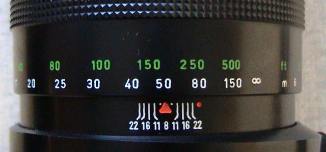 Closeup of focusing scale, Pentacon