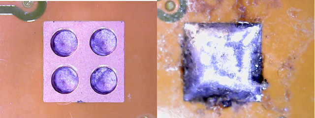 The four thermal vias, before and after soldering