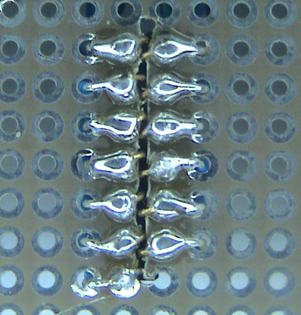 Double-density pin header soldering, bottom view